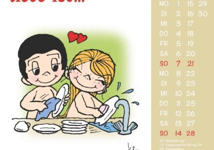 Liebe ist, wenn mit dir einfach alles Spaß macht – Cartoon mit Pärchen beim Abwasch