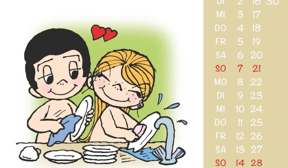 Liebe ist … kein Mysterium, sondern ein biologischer Code Liebe ist, wenn mit dir einfach alles Spaß macht – Cartoon mit Pärchen beim Abwasch