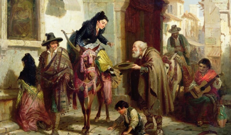 Bedingungsloses Grundeinkommen: 5 Risiken und Chancen, die du kennen solltest Frau auf Pferd reicht einem alten Mann Geld – Symbol für Wandel durch bedingungsloses Grundeinkommen