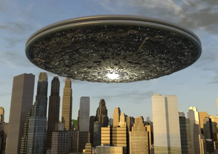 Riesiges Alien-Raumschiff über der Stadt während einer Alien-Invasion überleben